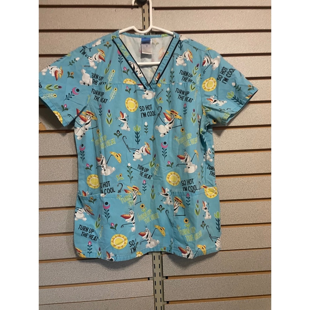 Disney Frozen Olaf Scrub Top Blue V-Neck Medical Uniform Womens Medium